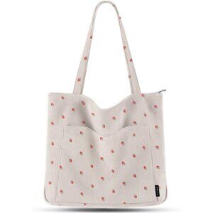 Women Strawberry Beige Corduroy Polyester Lining Large Shoulder Bag with Zipper